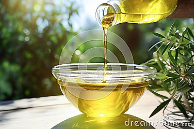 Ai generative. Olive oil is poured from a bottle into a bowl Stock Photo