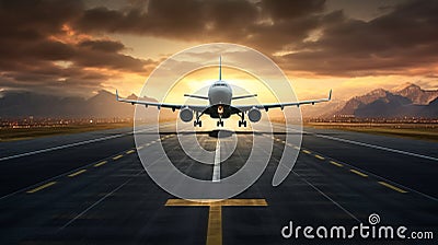 AI Generative. Passenger plane fly up over take-off runway from airport Stock Photo