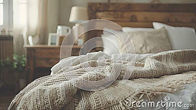 Peaceful bedroom with a knit throw and soft natural light. Stock Photo