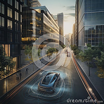 AI Generative photo of Self-driving car navigating through a cityscape Stock Photo