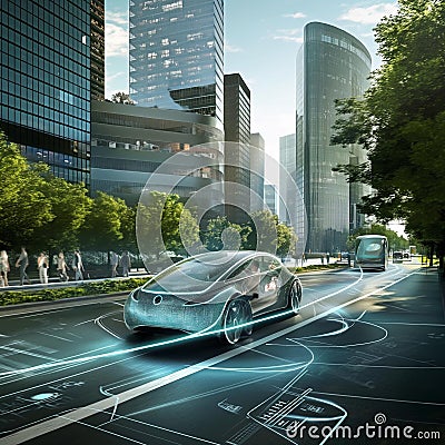 AI Generative photo of Self-driving car navigating through a cityscape Stock Photo