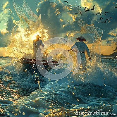 AI generative photography, Fishermen standing on boats. Stock Photo