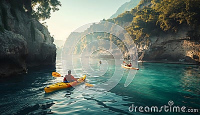 AI generative photography Landscape, rowing boats, canoes and sea beaches Stock Photo