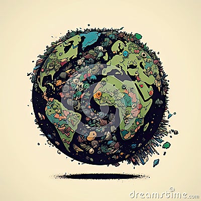 AI generative planet earth made of garbage, doodle style illustration Cartoon Illustration