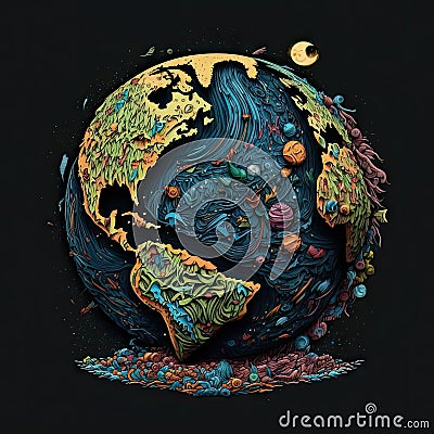 AI generative planet earth made of garbage, doodle style illustration Cartoon Illustration