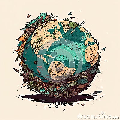 AI generative planet earth made of garbage, doodle style illustration Cartoon Illustration