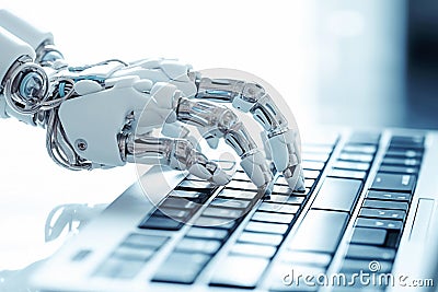 AI generative. Robot hand use notebook Stock Photo