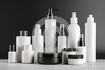 Ai Generative Set of cosmetic products on grey background. Mockup for branding design Stock Photo