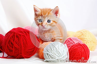 AI generative. Small red kitten is played with a ball of yarn Stock Photo