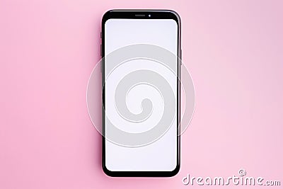 Ai generative. Smartphone with empty white screen on soft pink background Stock Photo