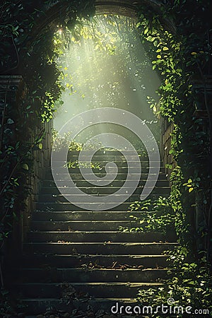 Sunlit staircase in an enchanted forest. Stock Photo