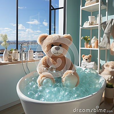 AI generative Teddy bear in bathtub with soap bubbles in bathroom at home Stock Photo