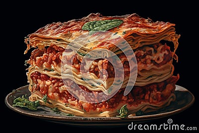 Ai Generative Traditional Italian lasagna with spinach and ricotta on a wooden board Stock Photo