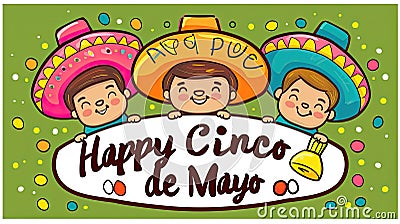 Vibrant illustration celebrating Cinco de Mayo with cheerful characters and confetti. Cartoon Illustration