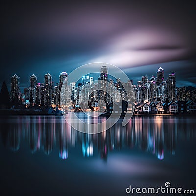 AI generative view of Vancouver's skyline from across water at night. Stock Photo