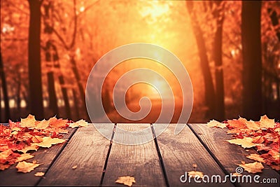 AI generative. Background of autumn forest and old wooden deck table Stock Photo