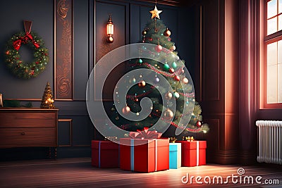 ai generator, artificial intelligence, neural network image. Merry Christmas and Happy New Year. cozy interior, Stock Photo