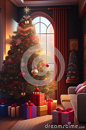 ai generator, artificial intelligence, neural network image. Merry Christmas and Happy New Year. cozy interior, Stock Photo