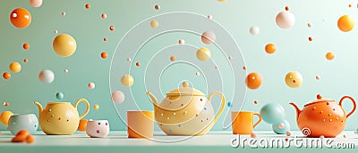 AI generator image of Abstract composition with floating colorful teapot and mugs in playful setting Stock Photo