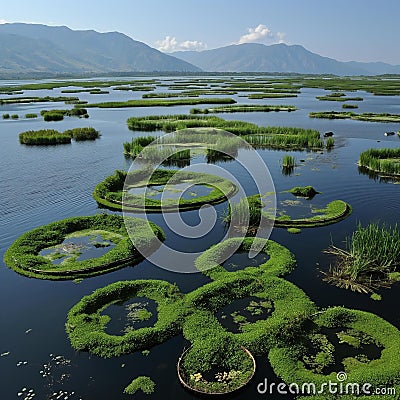 AI generator image of Loktak Lake has many floating islands with various unusual shapes. The highlight of Loktak Lake i Stock Photo