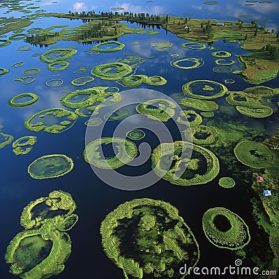 AI generator image of Loktak Lake has many floating islands with various unusual shapes. The highlight of Loktak Lake i Stock Photo