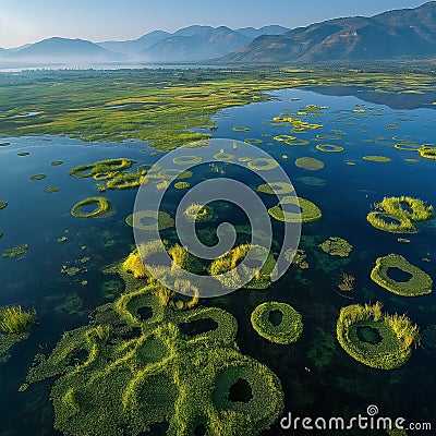 AI generator image of Loktak Lake has many floating islands with various unusual shapes. The highlight of Loktak Lake i Stock Photo