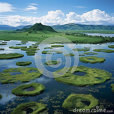 AI generator image of Loktak Lake has many floating islands with various unusual shapes. The highlight of Loktak Lake i Stock Photo