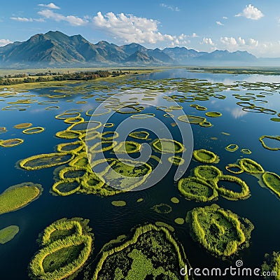 AI generator image of Loktak Lake has many floating islands with various unusual shapes. The highlight of Loktak Lake i Stock Photo