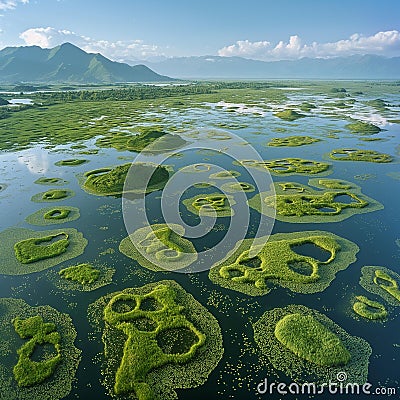 AI generator image of Loktak Lake has many floating islands with various unusual shapes. The highlight of Loktak Lake i Stock Photo