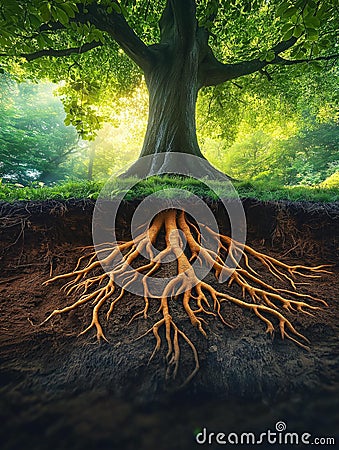 AI generator image of majestic tree with extensive, intricate roots spread deep beneath the soil, visible in a cross-section view. Stock Photo
