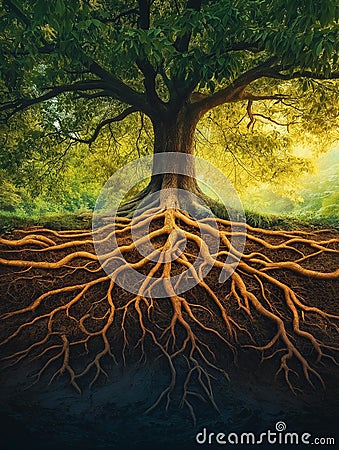 AI generator image of majestic tree with extensive, intricate roots spread deep beneath the soil, visible in a cross-section view. Stock Photo
