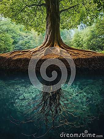 AI generator image of majestic tree with extensive, intricate roots spread deep beneath the soil, visible in a cross-section view. Stock Photo