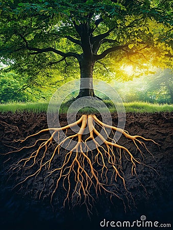 AI generator image of majestic tree with extensive, intricate roots spread deep beneath the soil, visible in a cross-section view. Stock Photo