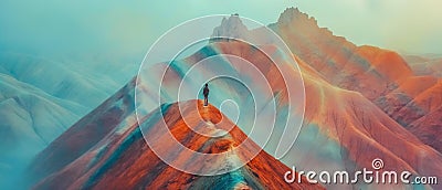 AI generator image of Walking on top of a colorful mountain Gradient Transition Lines ,stone lithography,minimalism wide view, Stock Photo