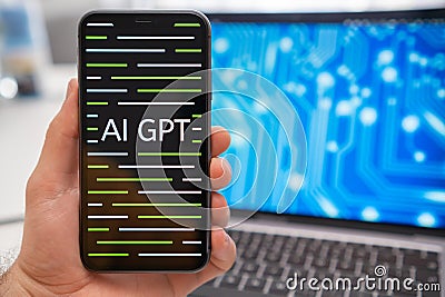 AI GPT logo of neural network on the screen of smartphone on the background. Editorial Stock Photo