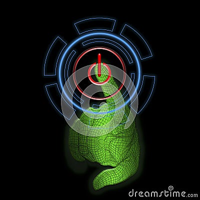 AI hand reaches towards graphic touch user Interface HUD. Virtual reality projection Stock Photo
