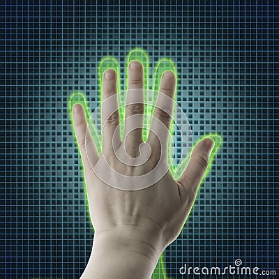 AI hand reaches towards a human hand, Virtual reality projection, Artificial intelligence AI and High Tech Concept. Human and co Stock Photo