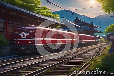 Ai generated japanese railway surrounded by nature elements Stock Photo