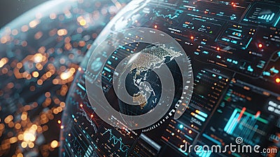AI highlights real-time data points on a 3D globe model, showcasing dynamic global insights. Data Analytics in AI Stock Photo
