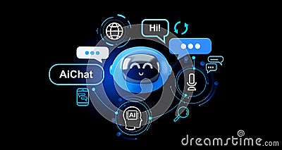 AI hologram and chat bot speech bubbles, helpdesk and customer support Cartoon Illustration