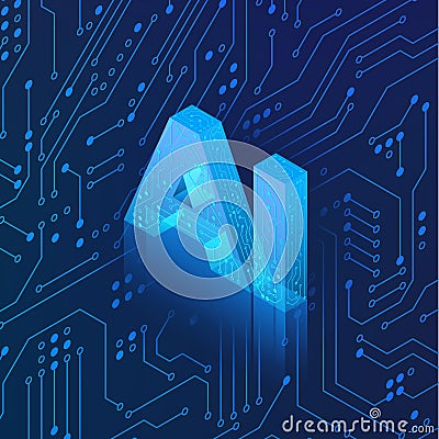 AI hologram on circuit background. Isometric Artificial intelligence concept. Blue Technology background. Machine learning. Vector Vector Illustration