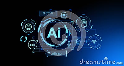 AI hologram and social media icons, global connection and chat bot communication Cartoon Illustration
