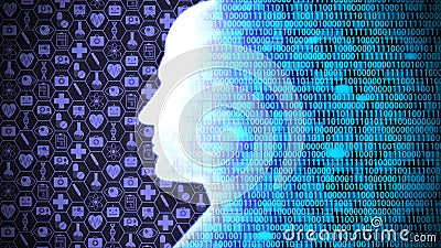 AI Computing and Thinking Medical Technology HUD including Binary Code with Head Shape Background Ver.1 Full View Stock Photo