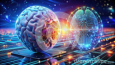 AI Human Interaction, Panoramic Brain Chip, Binary Code, Globe Stock Photo