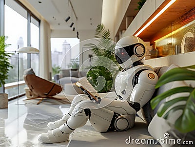 Ai humanized robot or droid reading book on the couch at home, machine learning, humanoid coexist Stock Photo