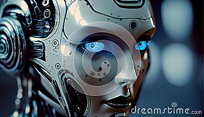 AI humanoid female robot close-up face portrait, futuristic, modern, digital technology. AI artificial illustration. Cartoon Illustration