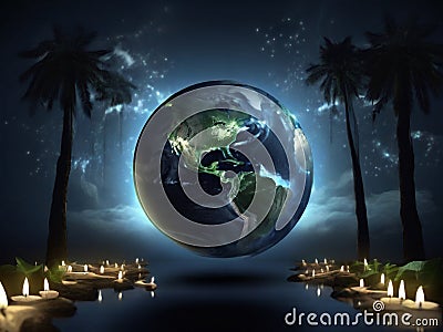 AI-Illuminated Earth Hour: A Kaleidoscope of Sustainable Global Harmony Stock Photo