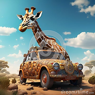 AI illustartion of a giraffe standing on a car roof Stock Photo