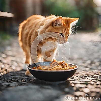 AI illustration of an adorable tabby cat enjoying a meal from a ceramic bowl. Cartoon Illustration