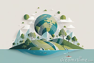 An AI illustration of the earth, in a flat design, floating in a body of water Cartoon Illustration